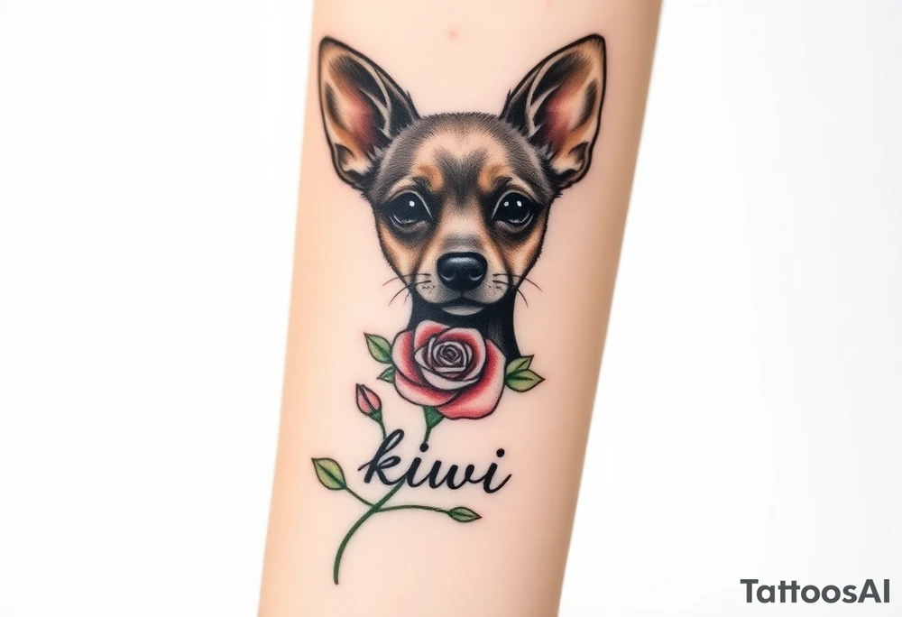 Cute female Brindle dog with the name kiwi . And a tiny rose around her . With her ears pointy a little big tattoo idea