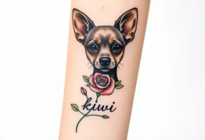 Cute female Brindle dog with the name kiwi . And a tiny rose around her . With her ears pointy a little big tattoo idea