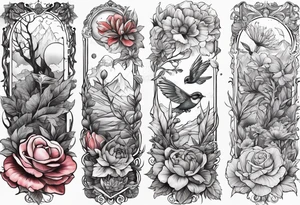 Full sleeve nature with birth months April and December tattoo idea