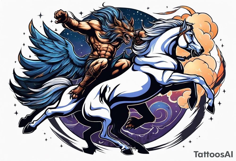 Muscular werewolf and Pegasus fighting in the night tattoo idea