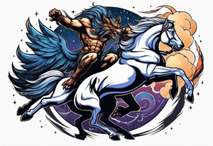 Muscular werewolf and Pegasus fighting in the night tattoo idea