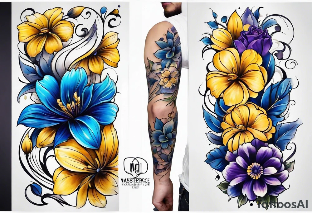 Blue yellow and purple flowers arm sleeve tattoo idea