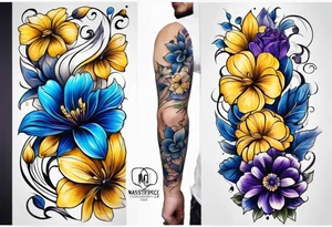 Blue yellow and purple flowers arm sleeve tattoo idea