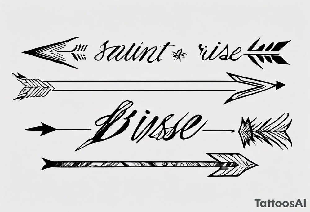 I want a very thin plain arrow going through the sentence “still i rise” which uses a handwritten thin spaced out font tattoo idea