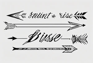 I want a very thin plain arrow going through the sentence “still i rise” which uses a handwritten thin spaced out font tattoo idea