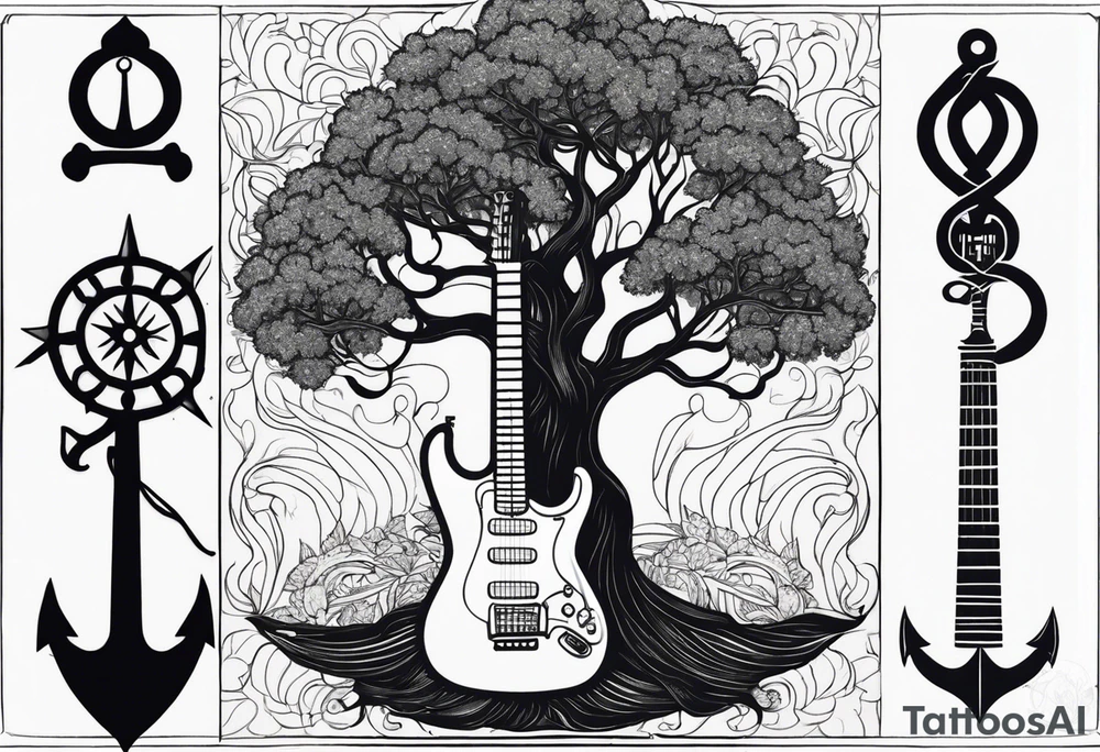 the overall tree is with the middle it's a guitar neck, and the bottom is an anchor tattoo idea