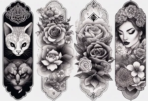 Tattoo sleeve with these items: a snake, a small flower skull, a cat with thunder cloud, and flowers. in between each of the these items is smokey dot work tattoo idea