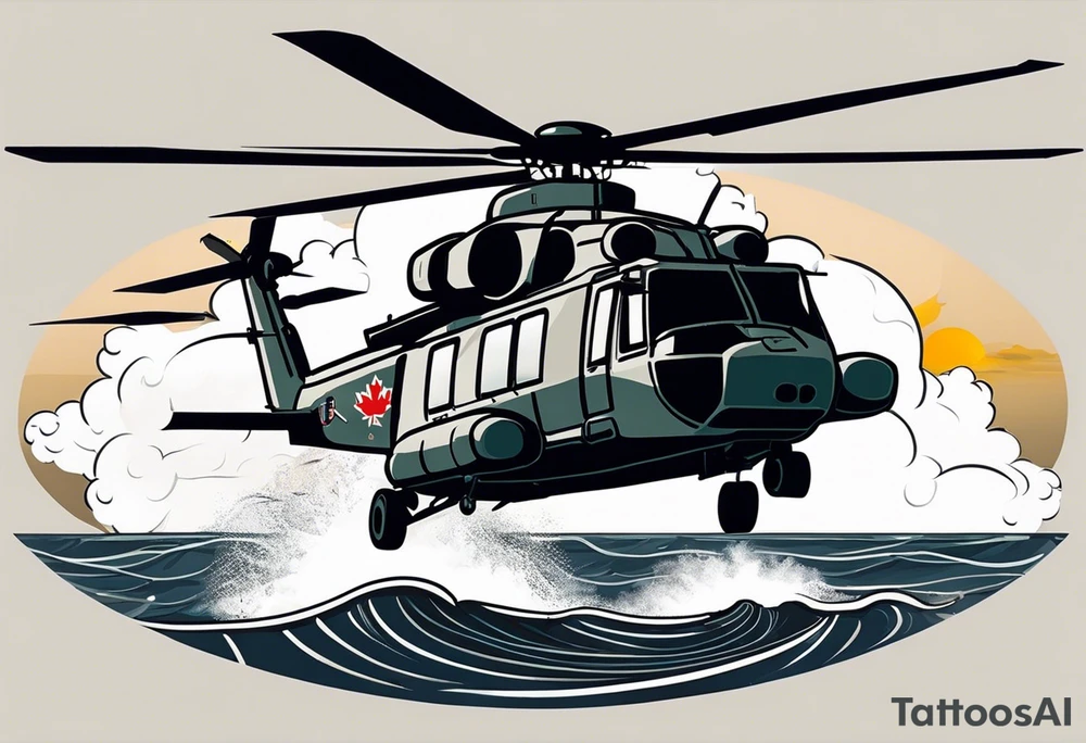 A cinematic-style tattoo depicting a Canadian military CH-148 Cyclone helicopter performing a daring maneuver over a turbulent ocean. The sky should be filled with dramatic clouds, and the sun should be setting, casting long shadows. The helicopter should be the main focus, with intricate details and a sense of motion. In the background, a poppy should be prominently displayed, and a quote from 'Lest We Forget' should be included tattoo idea