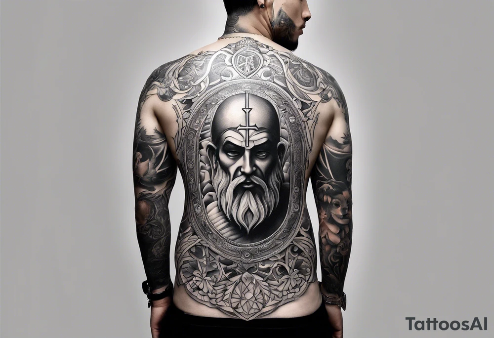 An aesthetic but unpretentious tattoo that is placed on the upper back of a male. It should represent catholic religion, discipline, pain and the love to animals. tattoo idea