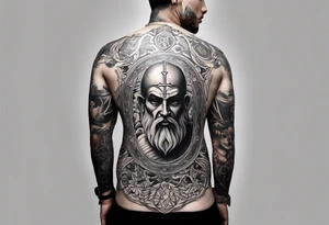 An aesthetic but unpretentious tattoo that is placed on the upper back of a male. It should represent catholic religion, discipline, pain and the love to animals. tattoo idea