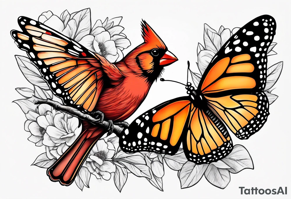 Female cardinal on a branch with monarch butterfly flying tattoo idea
