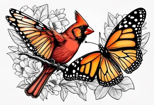Female cardinal on a branch with monarch butterfly flying tattoo idea