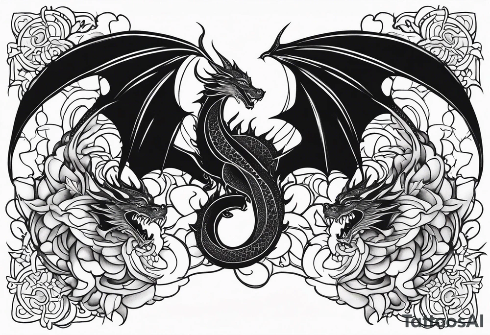 Mother dragon protecting 3 young dragons wings spread tattoo idea