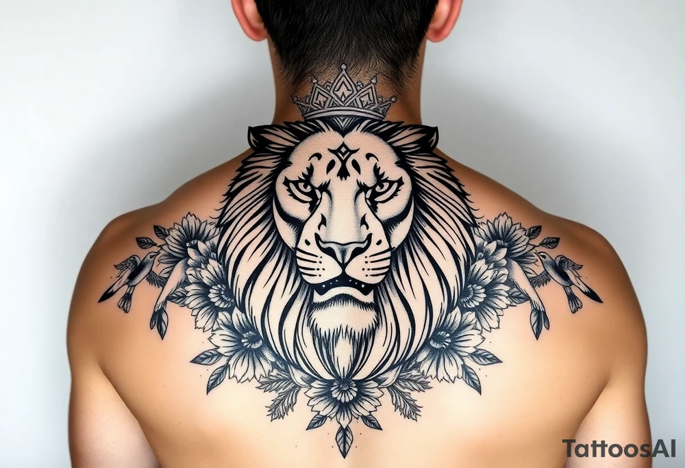 powerful majestic lion with a crown, surrounded by floral ornaments and birds tattoo idea