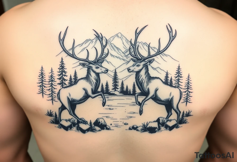 Black and grey Nature scene with two stags fighting in the foreground include mountains water and trees tattoo idea