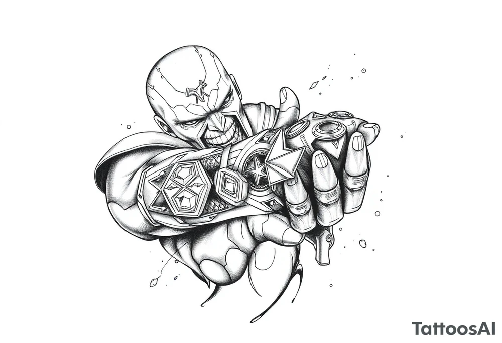 thanos with infinity gaulet filled with infinity stones fighting avengers tattoo idea