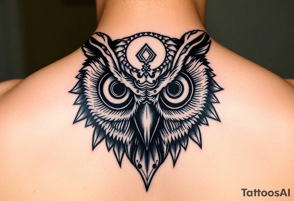 Owl head with large intense tripping on acid colored eyes without pupils, geometry style  and geometry and glowing circle on the forheadl tattoo idea