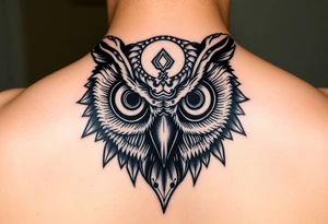 Owl head with large intense tripping on acid colored eyes without pupils, geometry style  and geometry and glowing circle on the forheadl tattoo idea