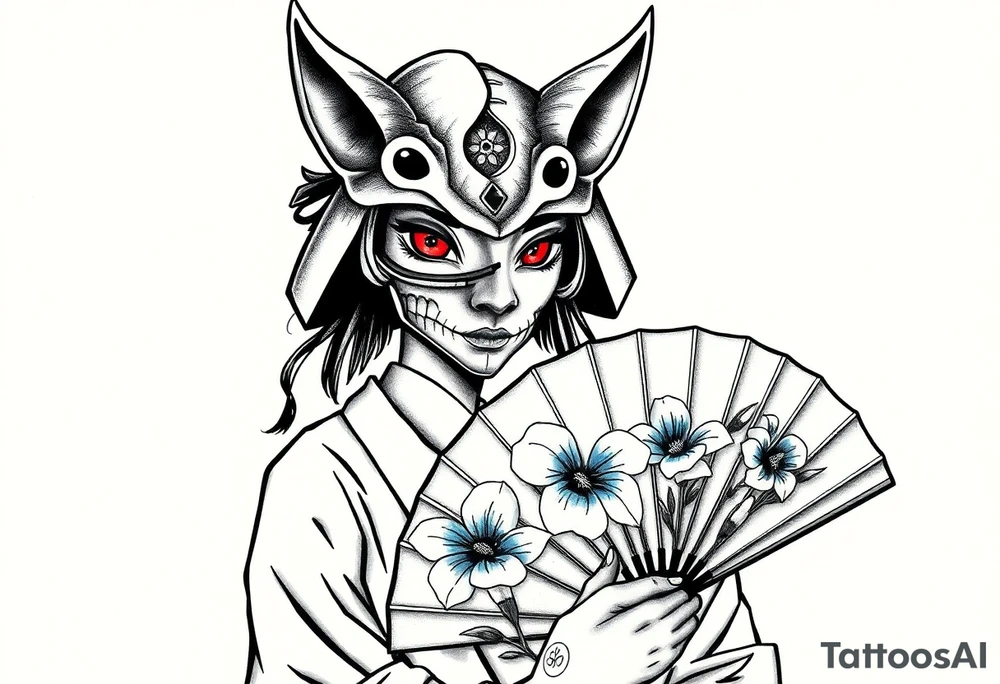 Woman samurai with red eyes wearing an half and broken kitsune mask, holding a japanese fan with blue Iris flowers tattoo idea
