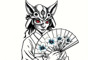 Woman samurai with red eyes wearing an half and broken kitsune mask, holding a japanese fan with blue Iris flowers tattoo idea