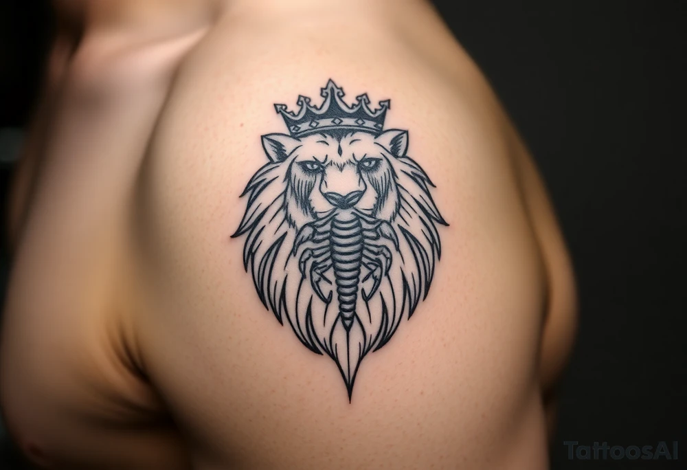 a powerful and majestic lion with a crown and in the middle of this crown , a realistic scorpion, tattoo idea