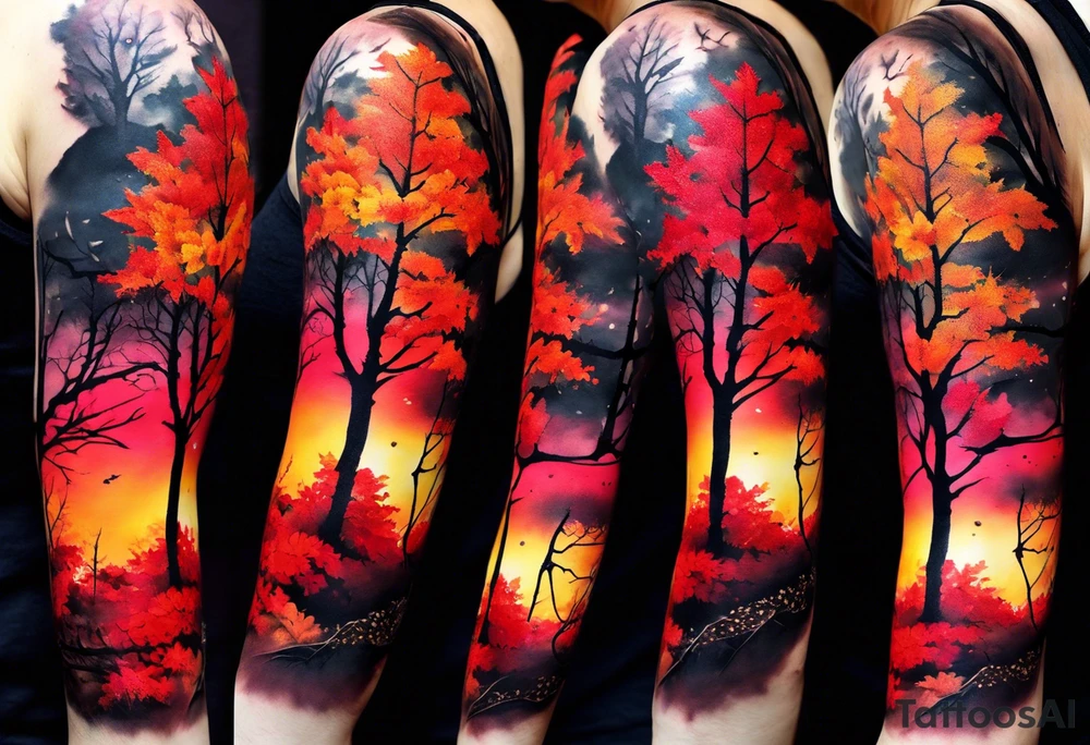 trash polka style. Arm tattoo. Long tattoo. Full sleeve. Shoulder. A single large maple tree with red autumn leaves that branches upwards from wrist to shoulder. White-throated dipper bird on the trees branches. Calluna flowers at the base of the trees stem. Tree stem has dark colors. Red/yellow sunset behind the trees stem. Leaves falling. tattoo idea