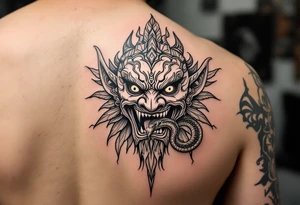 Purépecha style tattoo above   oni mask with a snake in its mouth tattoo idea