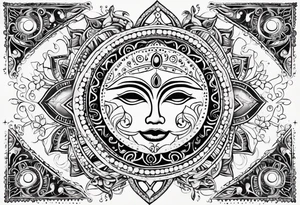 Mexican feminine alien Sun and moon. Freeform rectangular sternum swirls with dots and stars tattoo idea