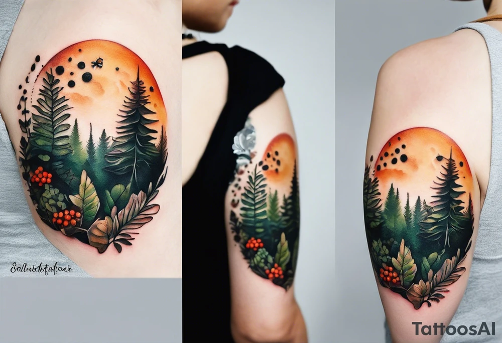minimalistic forest floor inspired tattoo, which includes grass, moss, curly ferns and dead leaves as the bulk of the tattoo. details to include: forest berries, couple of very small brown mushrooms, a tiny bumblebee flying nearby tattoo idea