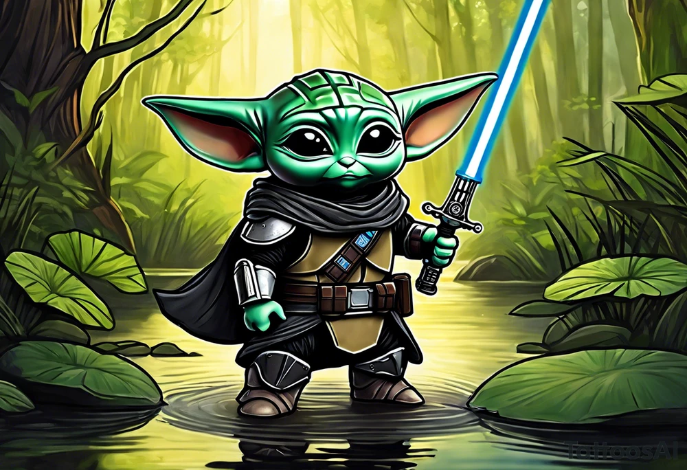 Baby Grogu wearing black mandalorian armor,  with a black lightsaber in a swamp tattoo idea