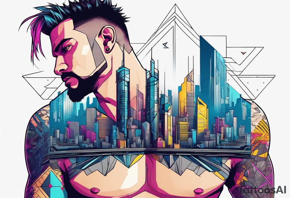 cyberpunk 2077, chest tattoo, geometric, subtle, men, city skyline, 4k tattoo idea