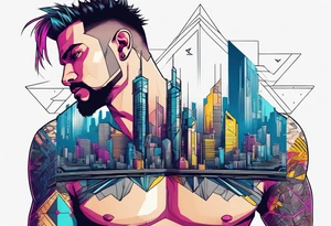 cyberpunk 2077, chest tattoo, geometric, subtle, men, city skyline, 4k tattoo idea