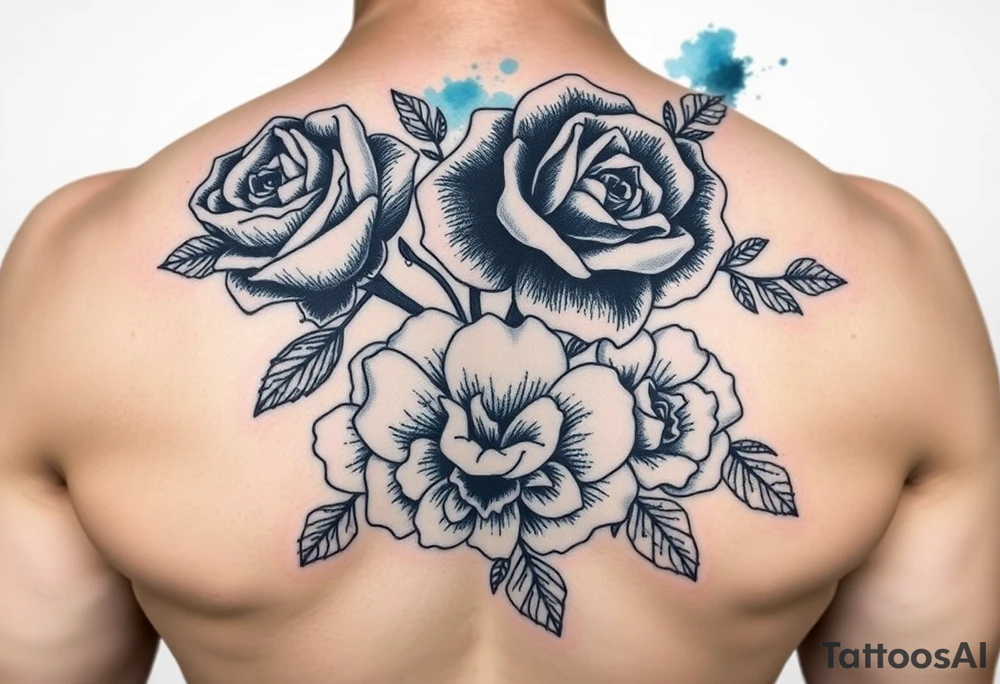 Black and white roses and carnations with blue watercolour behind tattoo idea