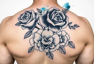 Black and white roses and carnations with blue watercolour behind tattoo idea