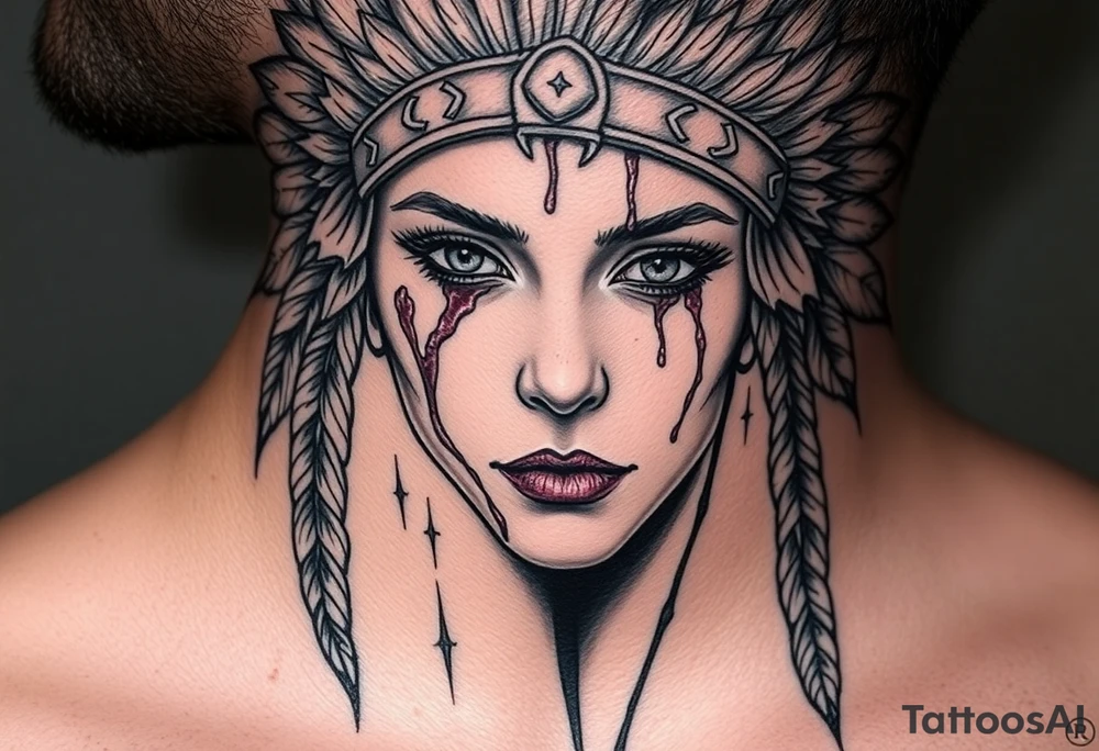 Beautiful Woman with battle scars and blood on face wearing bear headdress tattoo idea