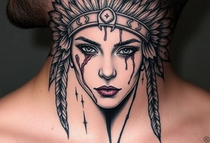 Beautiful Woman with battle scars and blood on face wearing bear headdress tattoo idea