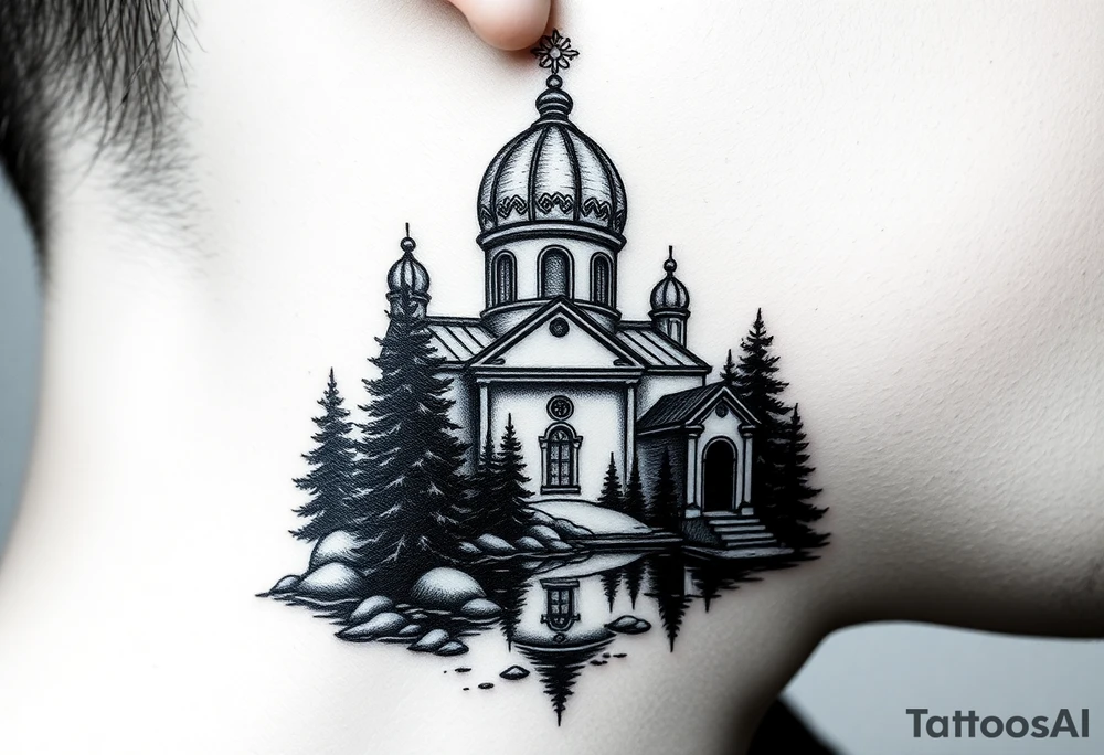 medium sized russian orthodox dome church with a separated virgin mary with a lake and pine trees tattoo idea