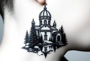 medium sized russian orthodox dome church with a separated virgin mary with a lake and pine trees tattoo idea