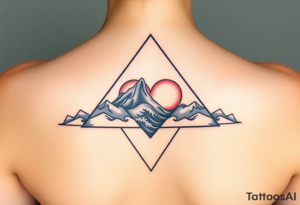 A triangle with a big heart in the center with an ocean mountain theme tattoo idea