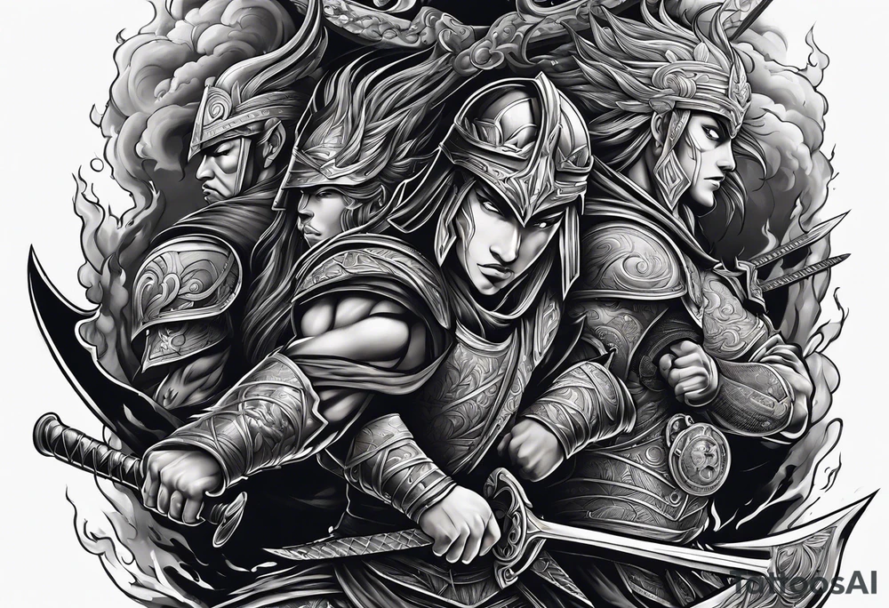 Warriors fighting in a smoky background tattoo idea Warriors fighting in a smoky background tattoo idea