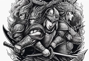 Warriors fighting in a smoky background tattoo idea