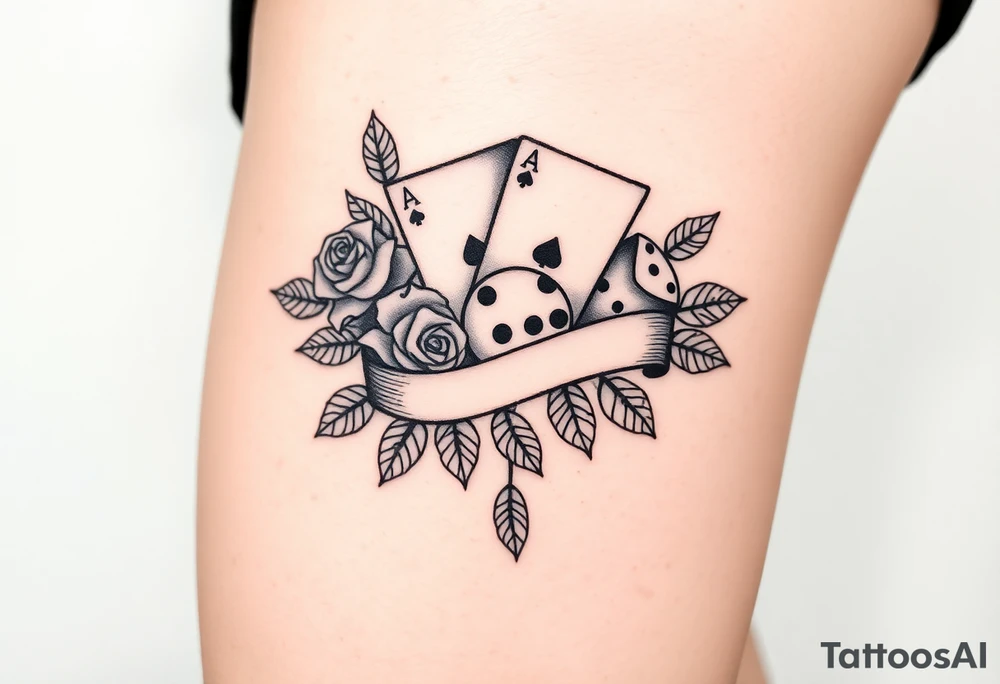 Cards roses banner dice leaves tattoo idea