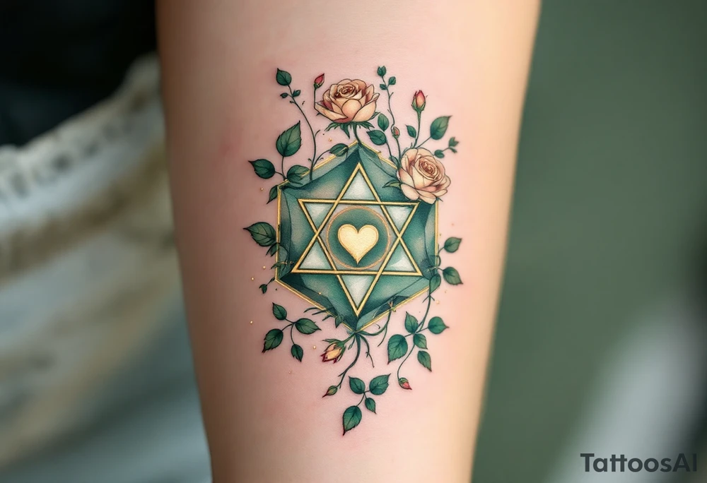 An earthy green geometrical rune of love, surrounded by vines and soft rose petals, emphasizing love’s growth and beauty. The symbol’s glowing edges represent love’s nurturing energy, with light golden highlights that make it appear as if it’s alive. tattoo idea