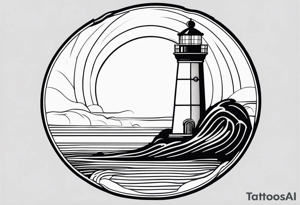 lighthouse fluid lines and circle framed, colored a bit realistic tattoo idea