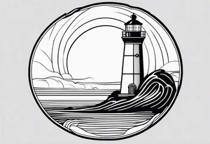 lighthouse fluid lines and circle framed, colored a bit realistic tattoo idea