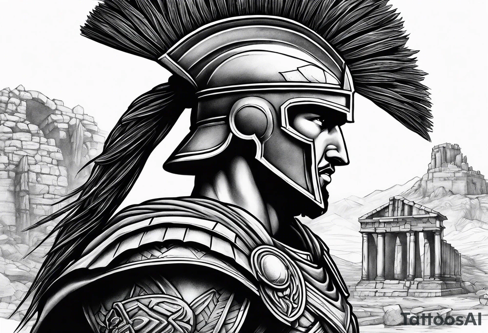 left Side profile of spartan soilder with ancient ruins in background tattoo idea