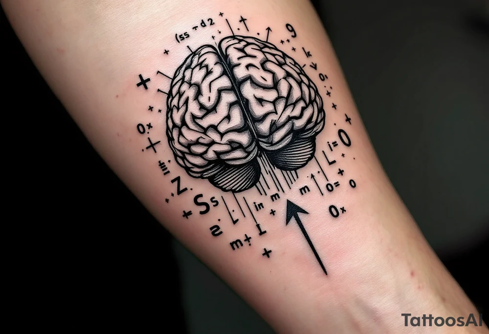 A front-seen brain in geometric and straight lines, math symbols arround. A detailed arrow crossing from below, with its tip desintegrating to represent entropy. Around of the main tattoo, math and physics formulas fill the space, including the formula "ΔS ≥ 0" and the formula "(iδ + m) Φ = 0" tattoo idea