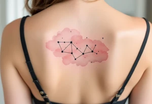 The Sagittarius star constellation drawn in crisp black ink over a faded blush-pink watercolor cloud. tattoo idea