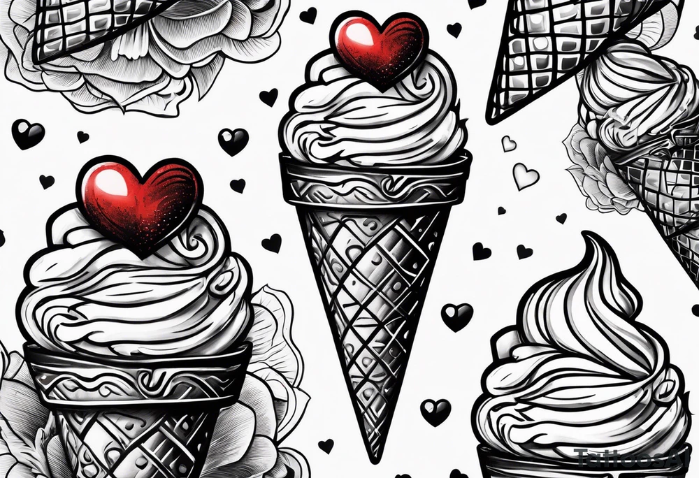 black and white ice cream cone with small red heart on it somewhere. tattoo idea