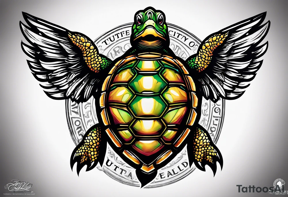 Turtle with wings logo and the words “Tri City Turtles” written underneath. tattoo idea